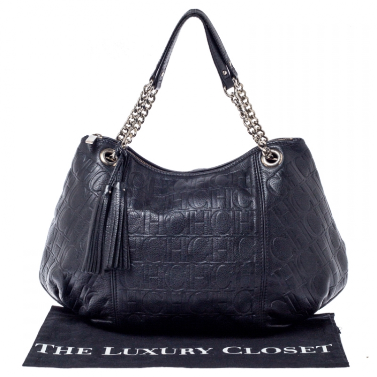 مملوكة مسبقًا Carolina Herrera Black Monogram Leather Chain Hobo