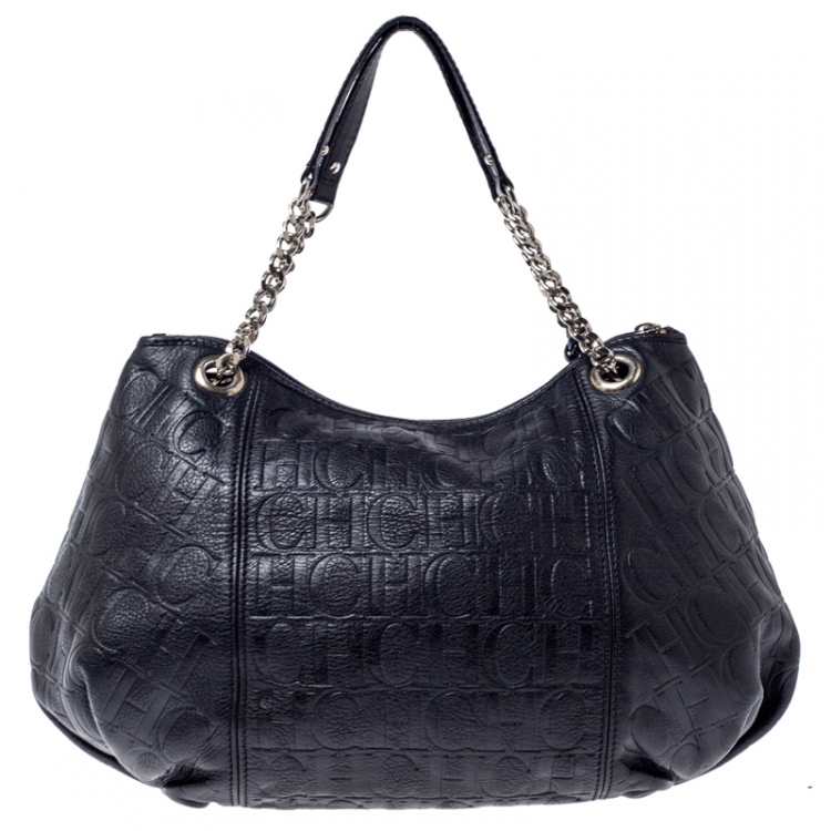 مملوكة مسبقًا Carolina Herrera Black Monogram Leather Chain Hobo
