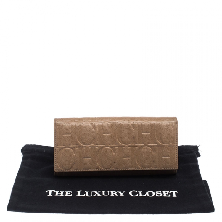 Pre Owned CH Carolina Herrera Beige Monogram Leather Continental Wallet