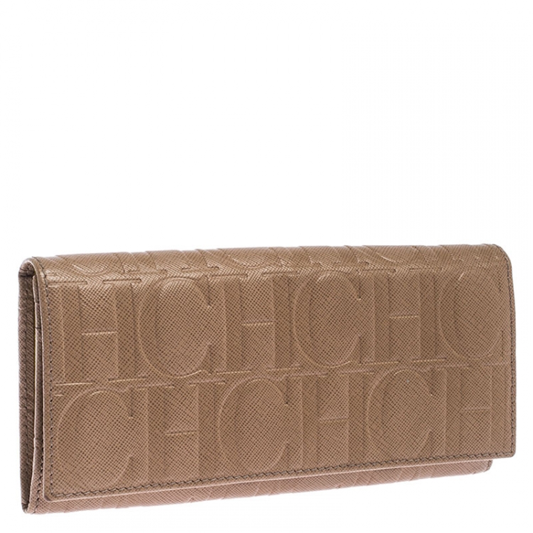 Pre Owned CH Carolina Herrera Beige Monogram Leather Continental Wallet