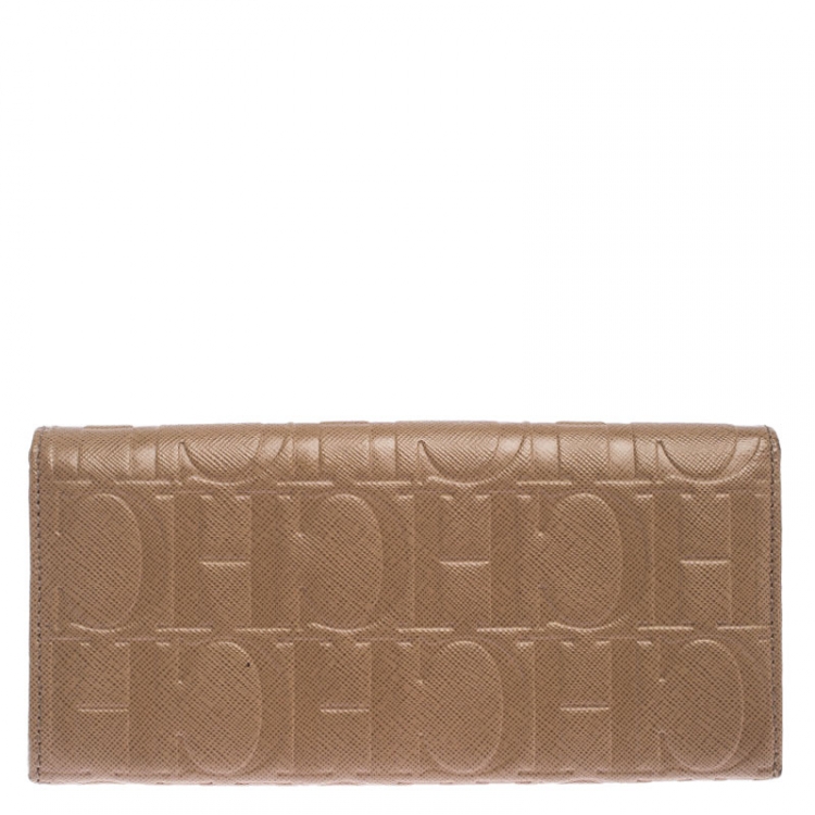 Pre Owned CH Carolina Herrera Beige Monogram Leather Continental Wallet