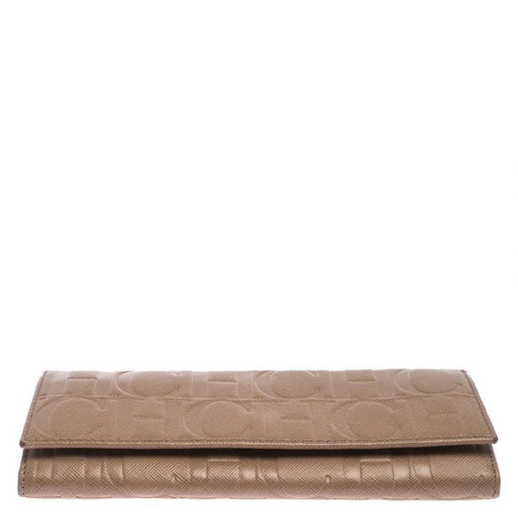 Pre Owned CH Carolina Herrera Beige Monogram Leather Continental Wallet