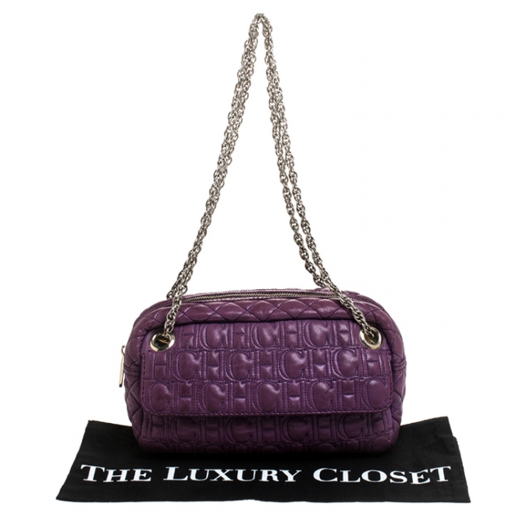 Pre Owned CH Carolina Herrera Purple Monogram Leather Chain Shoulder Bag