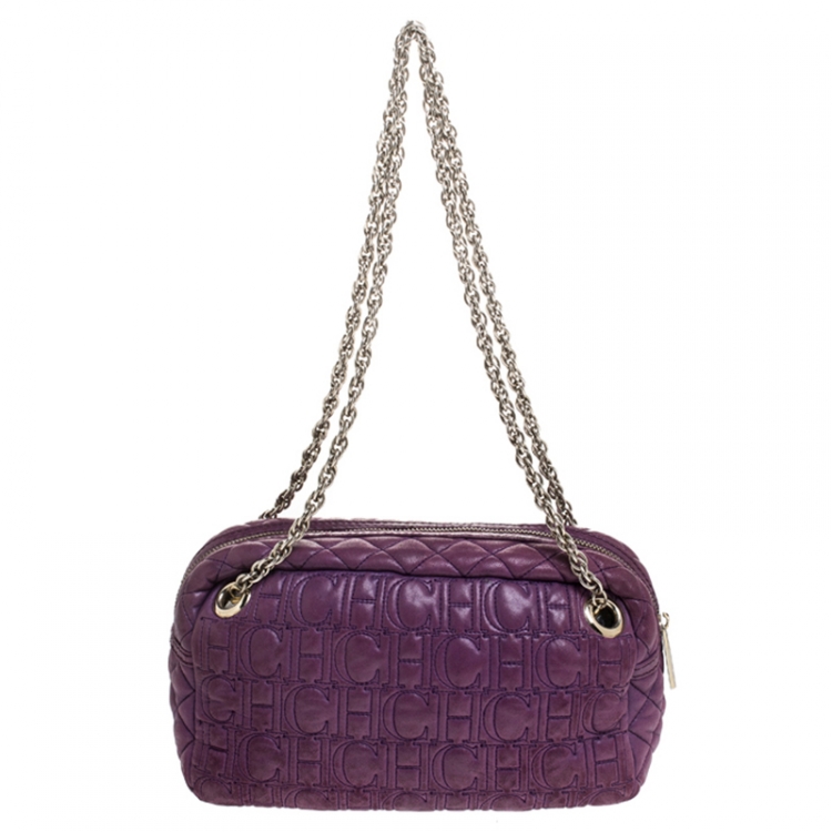 Pre Owned CH Carolina Herrera Purple Monogram Leather Chain Shoulder Bag