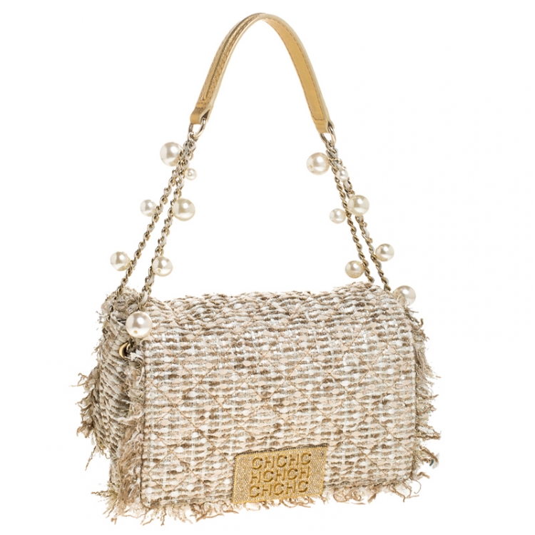 Pre Owned Carolina Herrera Beige/Gold Tweed and Fabric Faux Pearl Embellished Shoulder Bag