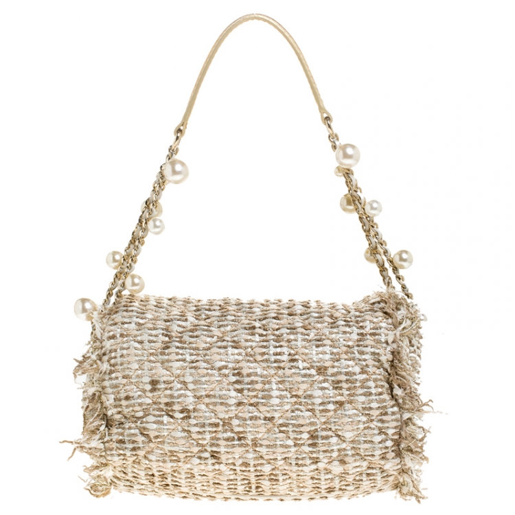 Pre Owned Carolina Herrera Beige/Gold Tweed and Fabric Faux Pearl Embellished Shoulder Bag