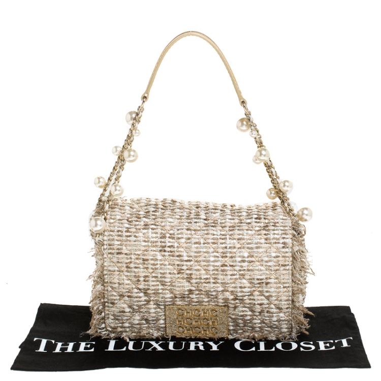 Pre Owned Carolina Herrera Beige/Gold Tweed and Fabric Faux Pearl Embellished Shoulder Bag