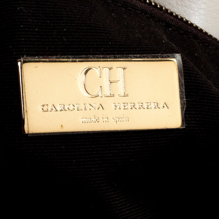 Pre Owned Carolina Herrera Beige/Gold Tweed and Fabric Faux Pearl Embellished Shoulder Bag
