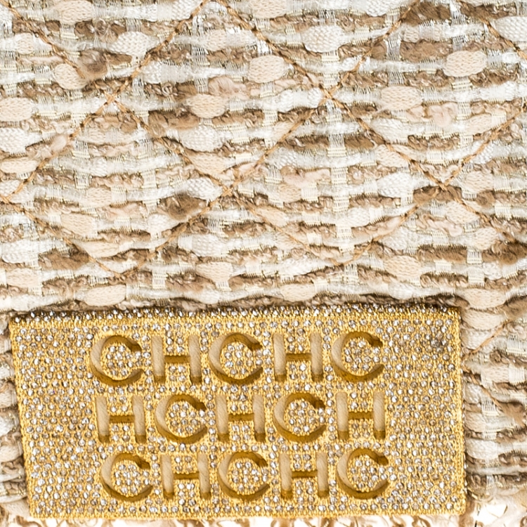 Pre Owned Carolina Herrera Beige/Gold Tweed and Fabric Faux Pearl Embellished Shoulder Bag