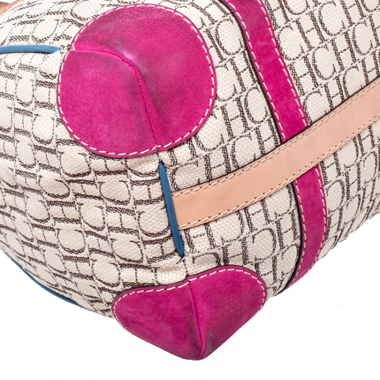 Pre Owned Carolina Herrera Beige/Pink Monogram Canvas/Suede and Leather Andy Boston Bag           