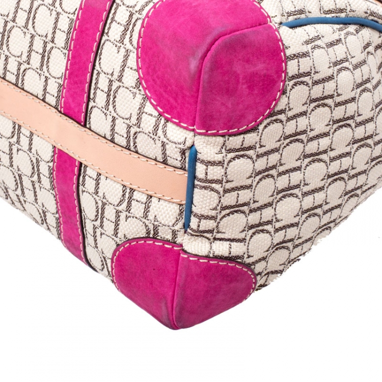Pre Owned Carolina Herrera Beige/Pink Monogram Canvas/Suede and Leather Andy Boston Bag           