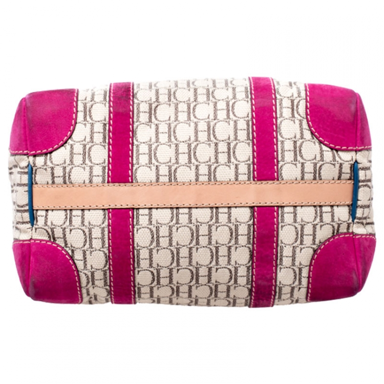 Pre Owned Carolina Herrera Beige/Pink Monogram Canvas/Suede and Leather Andy Boston Bag           