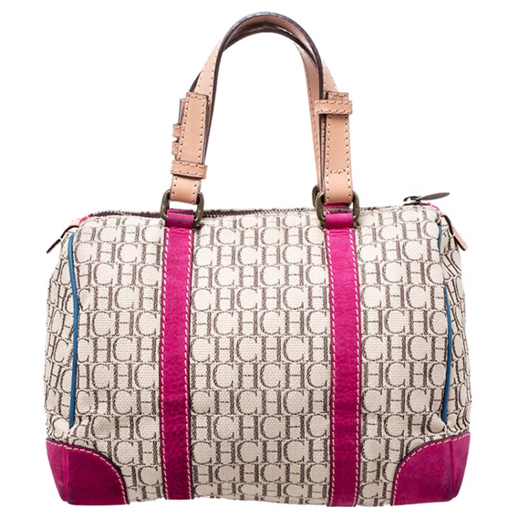 Pre Owned Carolina Herrera Beige/Pink Monogram Canvas/Suede and Leather Andy Boston Bag           