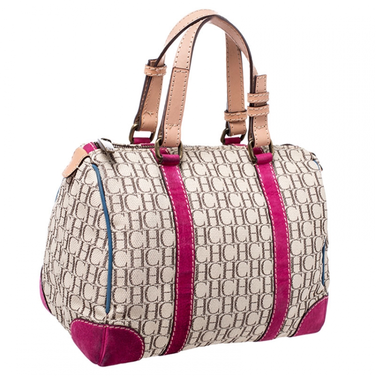 Pre Owned Carolina Herrera Beige/Pink Monogram Canvas/Suede and Leather Andy Boston Bag           
