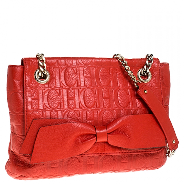 Pre Owned Carolina Herrera Orange Monogram Leather Audrey Shoulder Bag