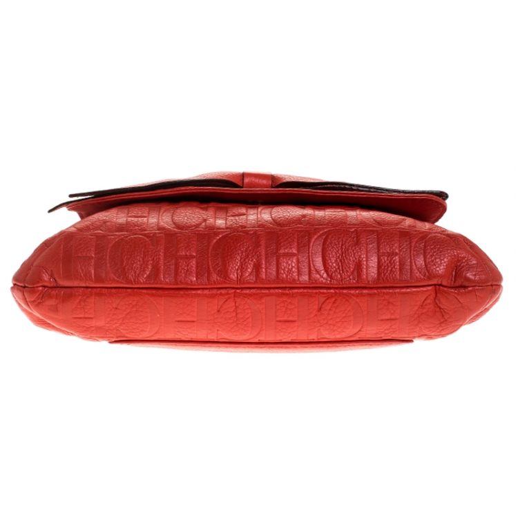Pre Owned Carolina Herrera Orange Monogram Leather Audrey Shoulder Bag