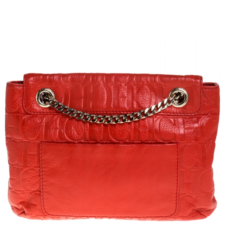 Pre Owned Carolina Herrera Orange Monogram Leather Audrey Shoulder Bag
