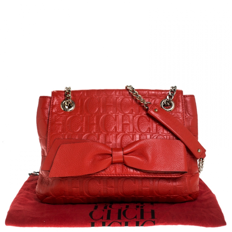 Pre Owned Carolina Herrera Orange Monogram Leather Audrey Shoulder Bag