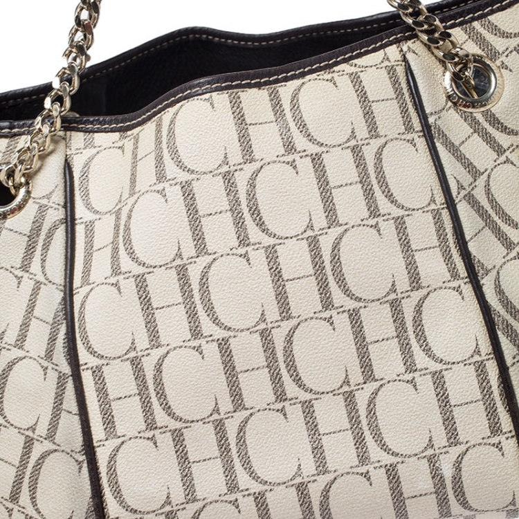 Pre Owned Carolina Herrera Beige/Brown Monogram Coated Canvas Chain Tote