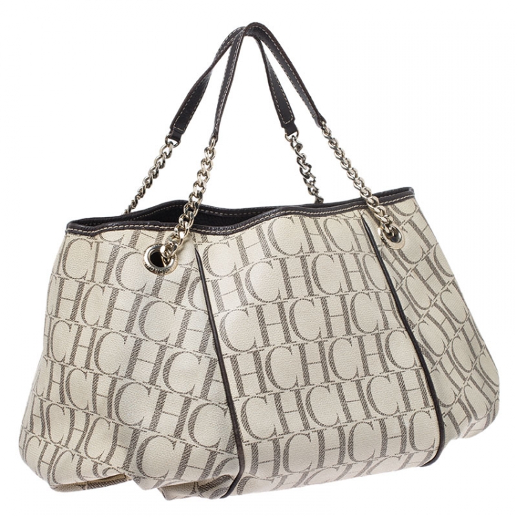 Pre Owned Carolina Herrera Beige/Brown Monogram Coated Canvas Chain Tote