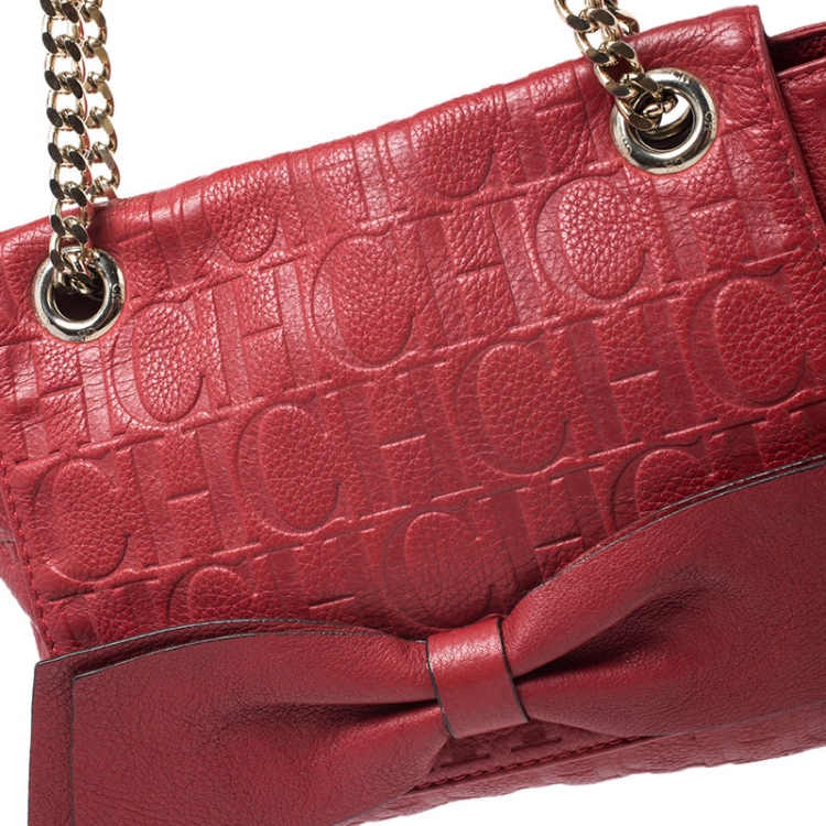 Pre Owned CH Carolina Herrera Red Monogram Leather Audrey Shoulder Bag 