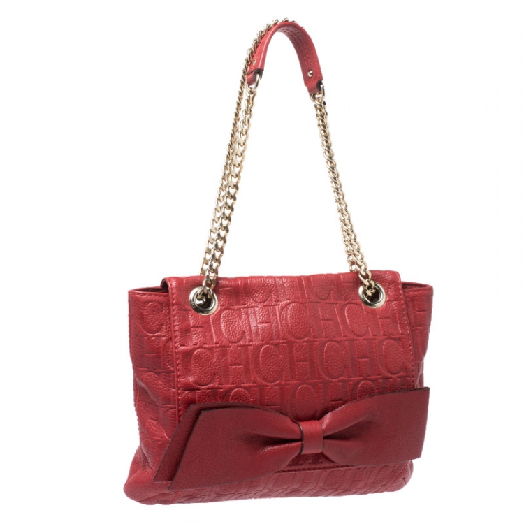 Pre Owned CH Carolina Herrera Red Monogram Leather Audrey Shoulder Bag 