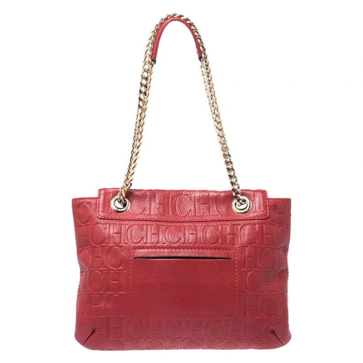 Pre Owned CH Carolina Herrera Red Monogram Leather Audrey Shoulder Bag 