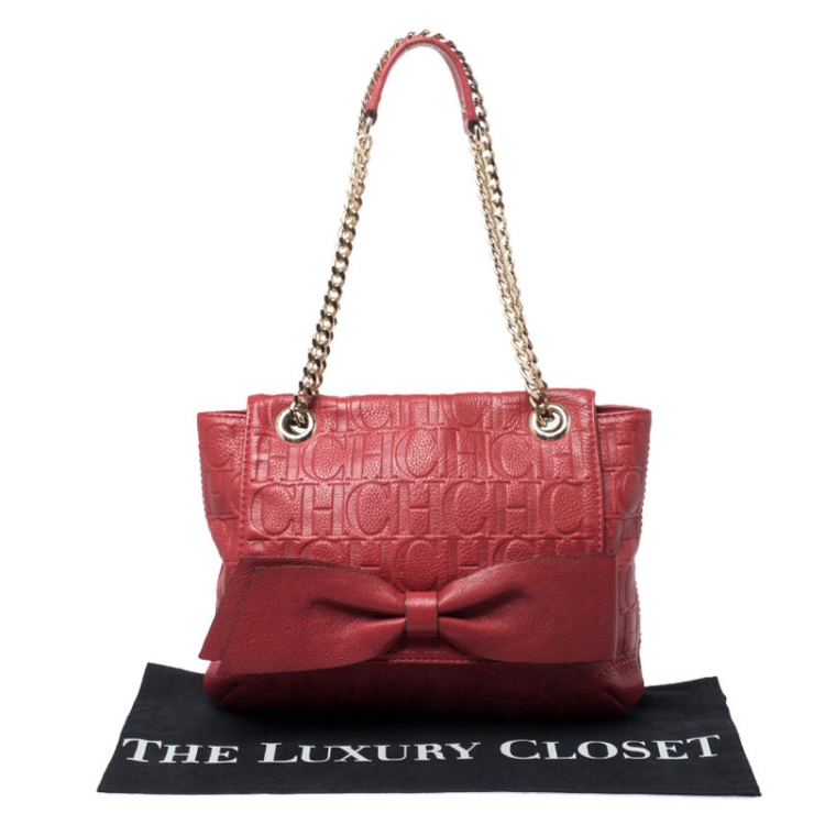 Pre Owned CH Carolina Herrera Red Monogram Leather Audrey Shoulder Bag 