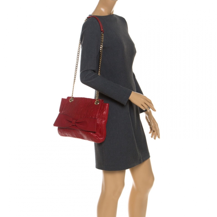 Pre Owned CH Carolina Herrera Red Monogram Leather Audrey Shoulder Bag 