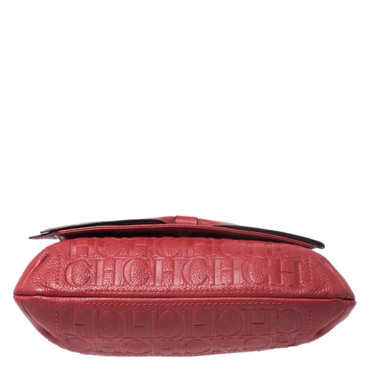 Pre Owned CH Carolina Herrera Red Monogram Leather Audrey Shoulder Bag 