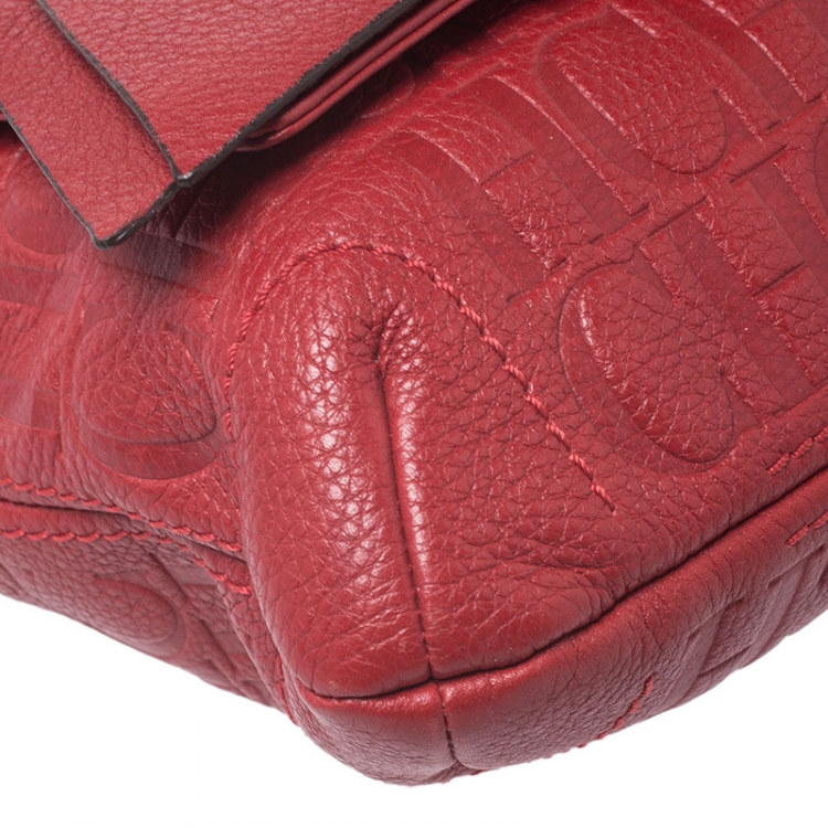 Pre Owned CH Carolina Herrera Red Monogram Leather Audrey Shoulder Bag 