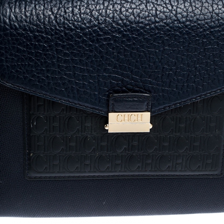 Pre Owned Carolina Herrera Blue Monogram Leather Top Handle Bag
