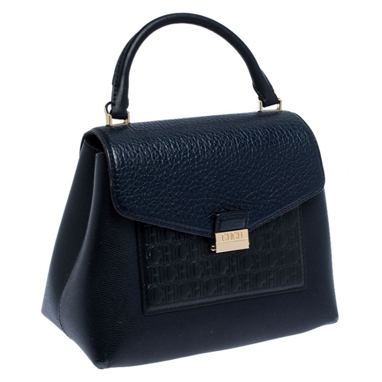 Pre Owned Carolina Herrera Blue Monogram Leather Top Handle Bag