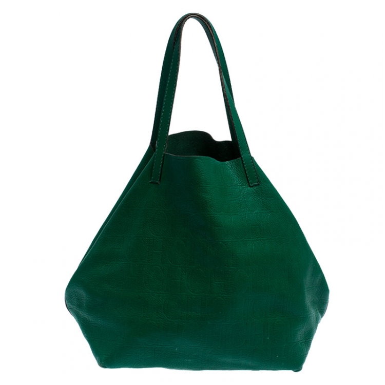 Pre Owned Carolina Herrera Green Monogram Leather Matryoshka Tote