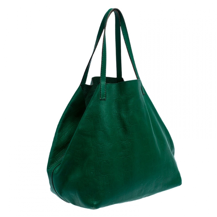 Pre Owned Carolina Herrera Green Monogram Leather Matryoshka Tote