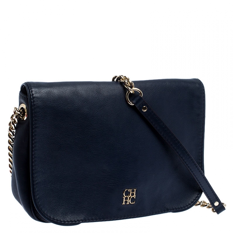 Pre Owned  Carolina Herrera Blue Leather New Baltazar Flap Shoulder Bag 