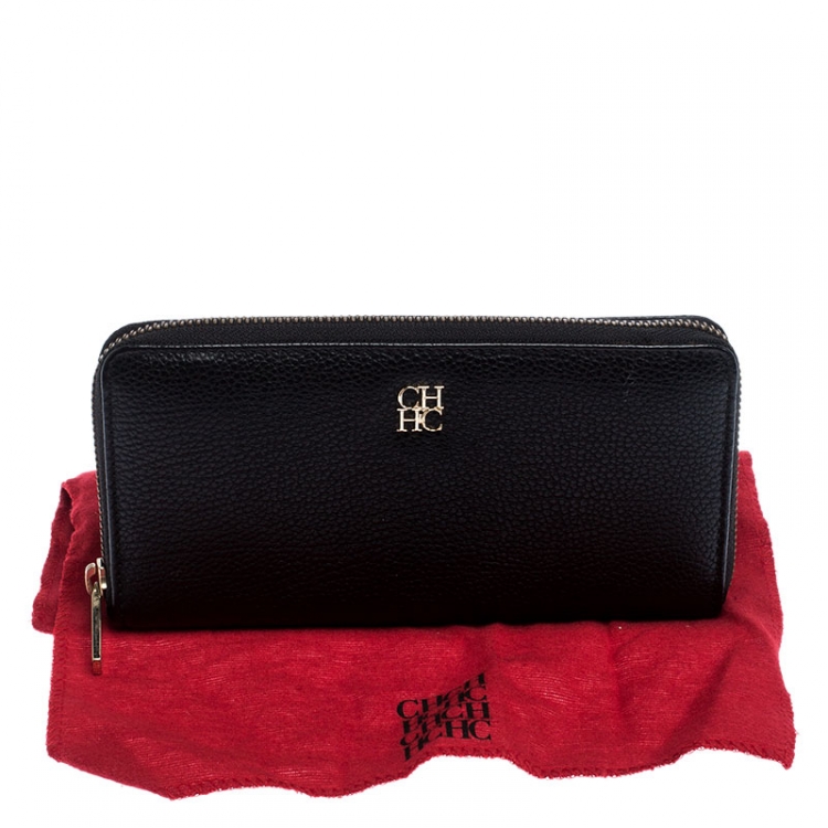 Pre Owned Carolina Herrera Black Leather Zip Around Wallet