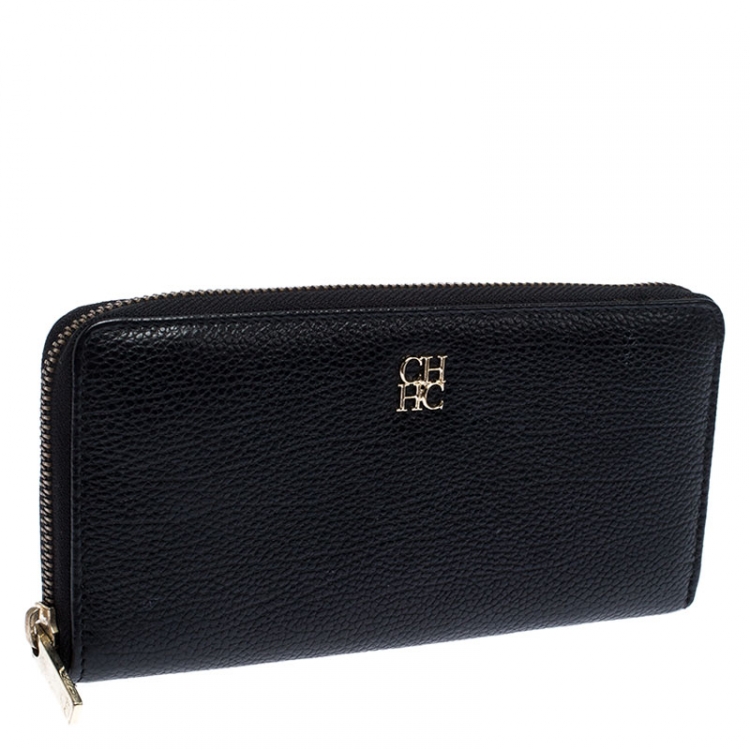 Pre Owned Carolina Herrera Black Leather Zip Around Wallet