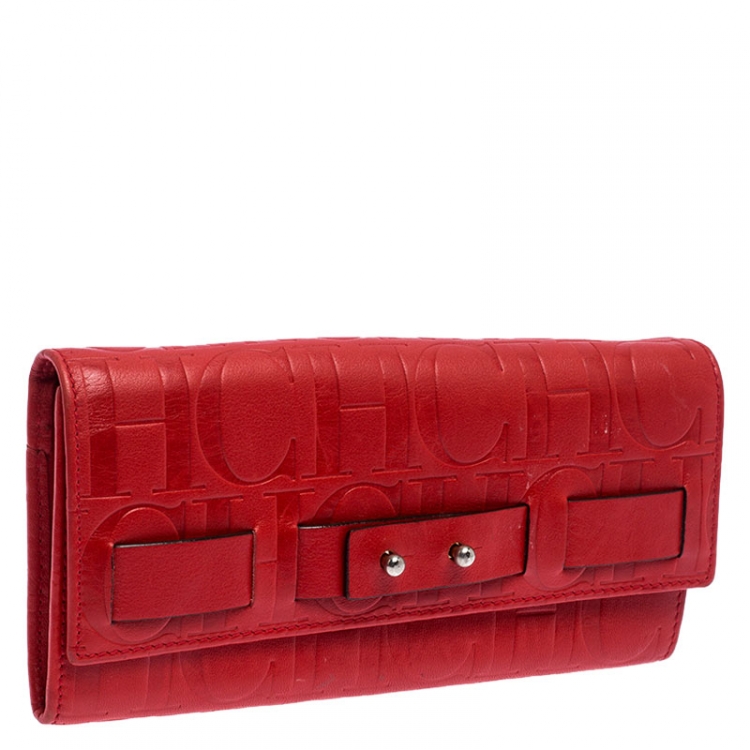 Pre Owned Carolina Herrera Red Monogram Embossed Leather Flap Continental Wallet