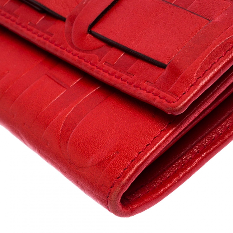 Pre Owned Carolina Herrera Red Monogram Embossed Leather Flap Continental Wallet