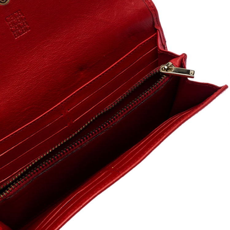 Pre Owned Carolina Herrera Red Monogram Embossed Leather Flap Continental Wallet