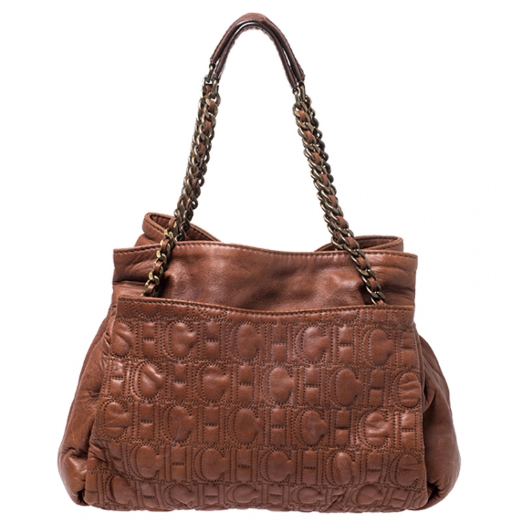 Pre Owned CH Carolina Herrera Brown Monogram Leather Tote