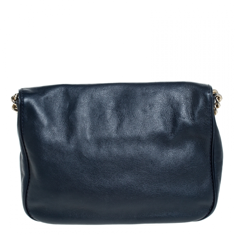 Pre Owned Carolina Herrera Navy Blue Leather Flap Shoulder Bag