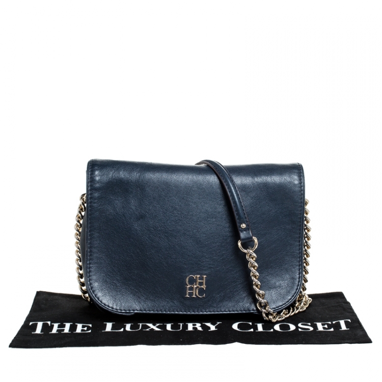 Pre Owned Carolina Herrera Navy Blue Leather Flap Shoulder Bag