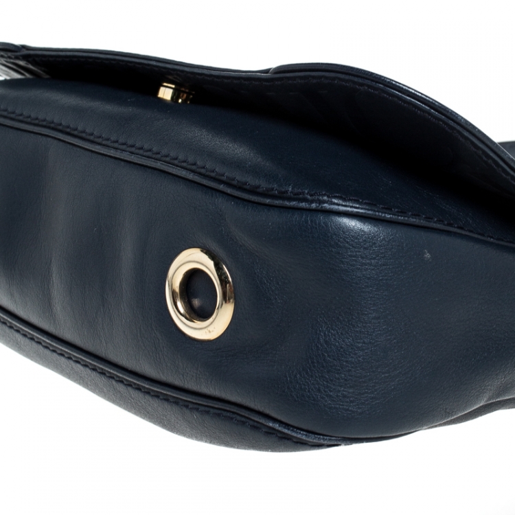 Pre Owned Carolina Herrera Navy Blue Leather Flap Shoulder Bag