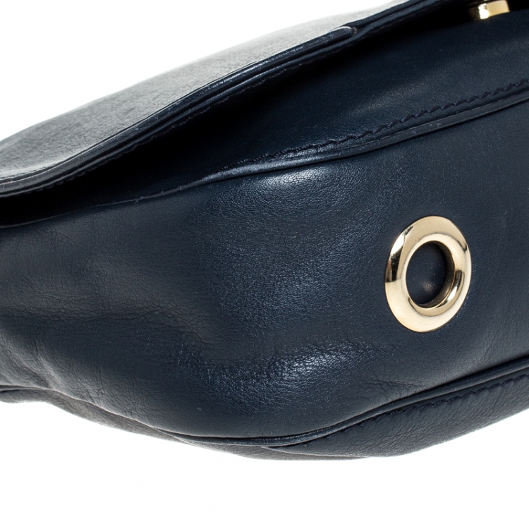 Pre Owned Carolina Herrera Navy Blue Leather Flap Shoulder Bag