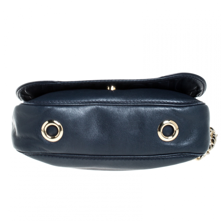 Pre Owned Carolina Herrera Navy Blue Leather Flap Shoulder Bag