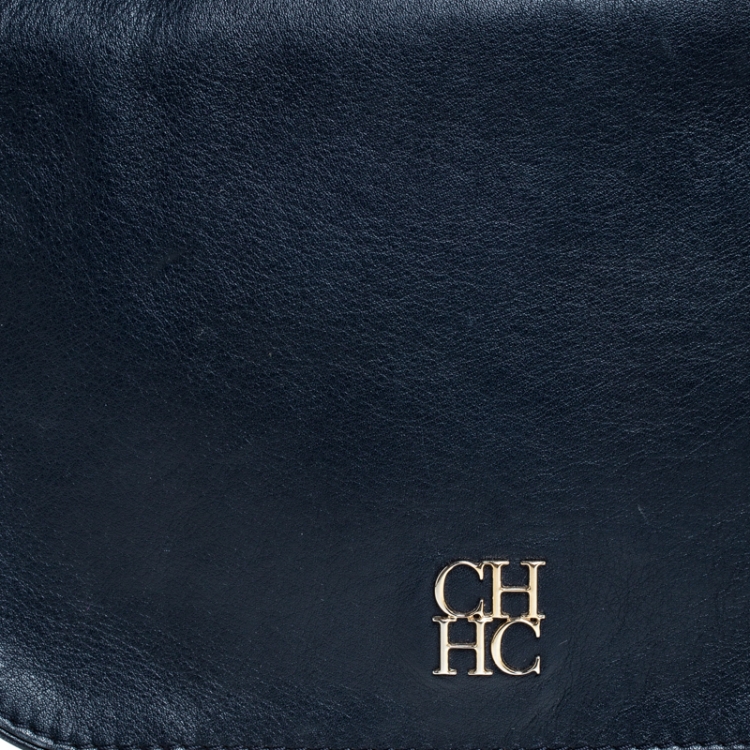 Pre Owned Carolina Herrera Navy Blue Leather Flap Shoulder Bag