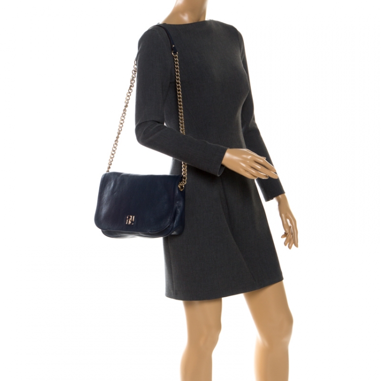Pre Owned Carolina Herrera Navy Blue Leather Flap Shoulder Bag