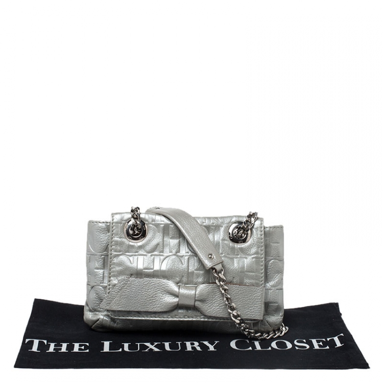 Pre Owned Carolina Herrera Metallic Silver Monogram Leather Audrey Shoulder Bag